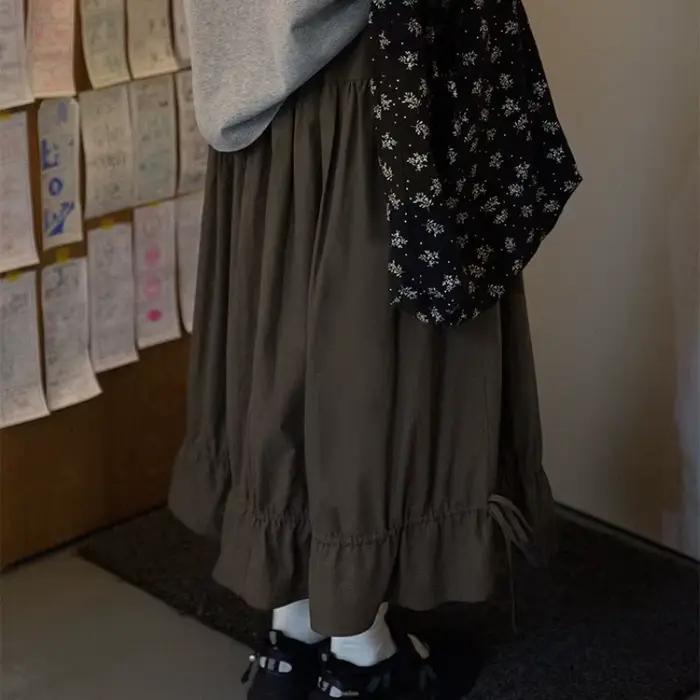 Jupe noire plissée à volants, Style fille Mori japonais, Vintage, Simple, douce Kawaii, ligne a, taille élastique, marron, longue pour femmes