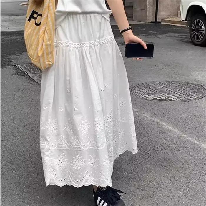 Jupe en coton blanc décontractée pour jeunes filles printemps été 2025 style une ligne ajustement empire longueur mi-mollet a-ligne