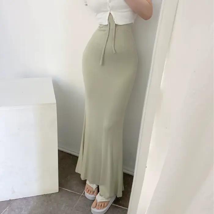 Jupe longue mi-longue élégante et confortable YL571 de couleur unie, taille haute, style coréen, kaki, pour le printemps