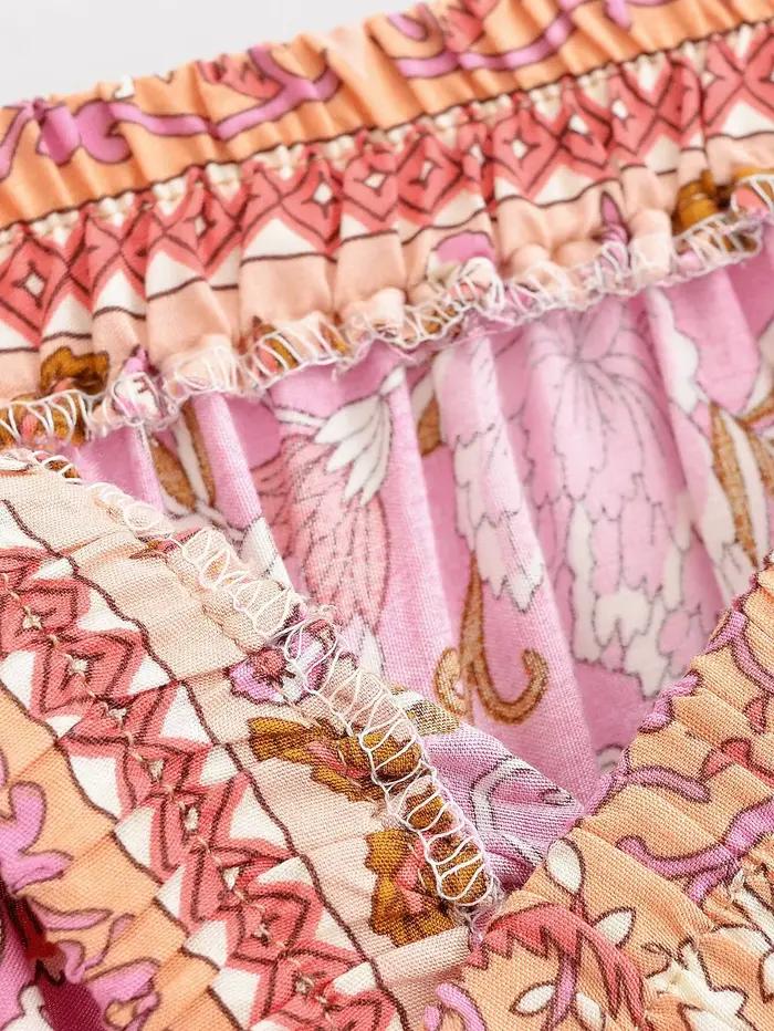 2025 BOHO rose contraste imprimé fleuri Maxi jupe longue épissé à volants ourlet Hippie femmes boule gland nœud taille balançoire jupes vacances