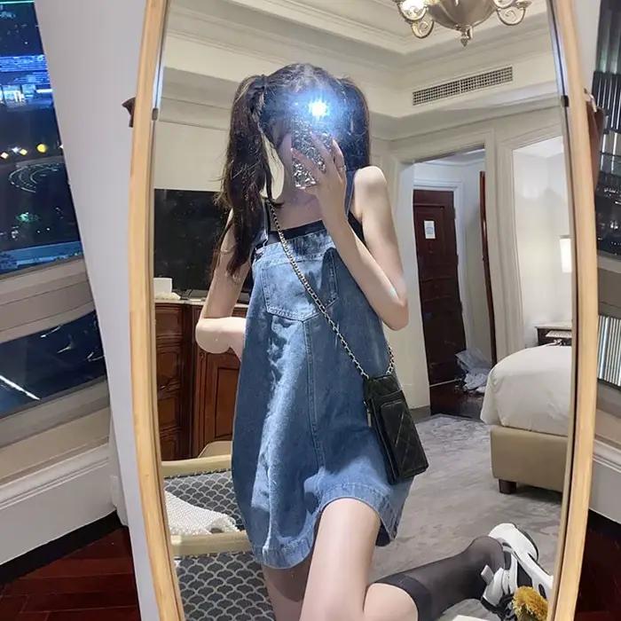 Jupe en jean à bretelles pour femme, tenue d'été ample, taille haute
