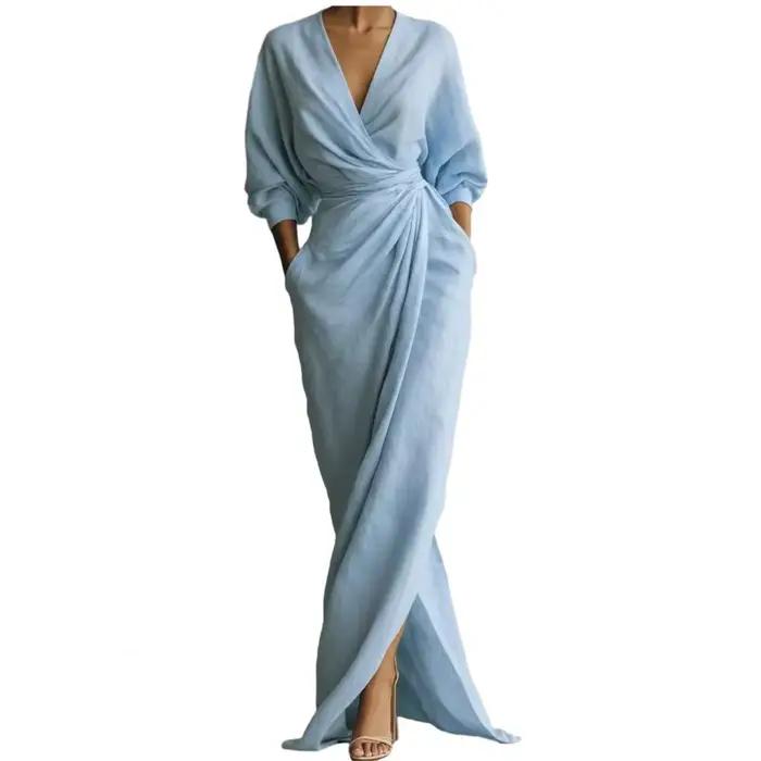 Robe longue moulante élégante pour femme, col en V, taille nouée, manches longues, fendue, couleur unie, style décontracté, collection Printemps 2026