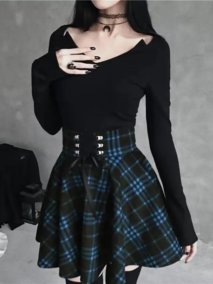 Jupe gothique à carreaux noirs pour femmes, jupes plissées, style gothique, mini jupe, hip hop, punk, clubwear, printemps automne
