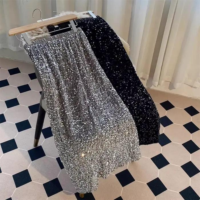 Jupe Maxi Faldas Mujer Vintage tempérament noir velours paillettes jupes Юбка