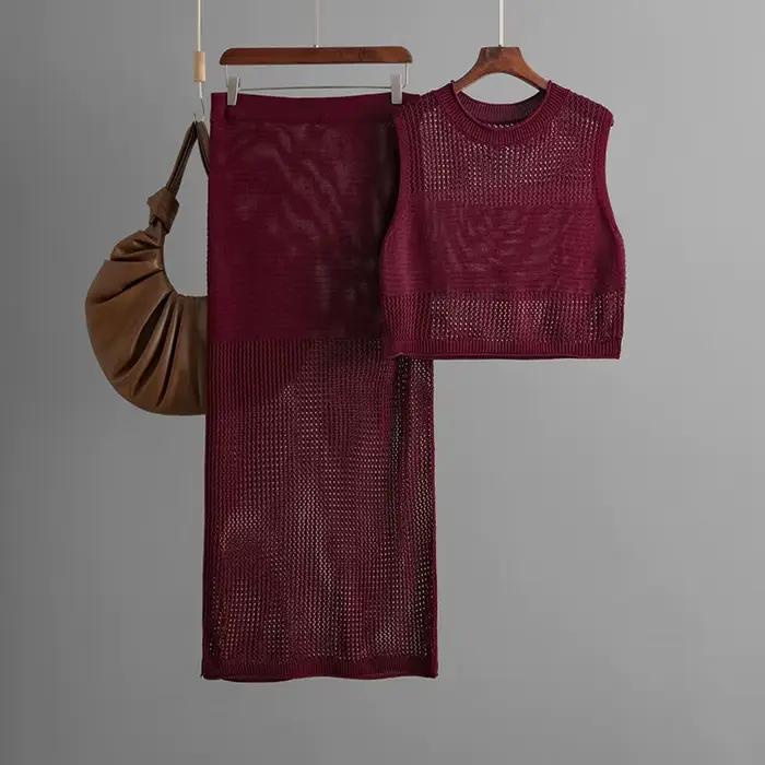Jupe costume femmes tricot 2 pièces ensembles haut gilet jupes longues évider tricoté Ensemble