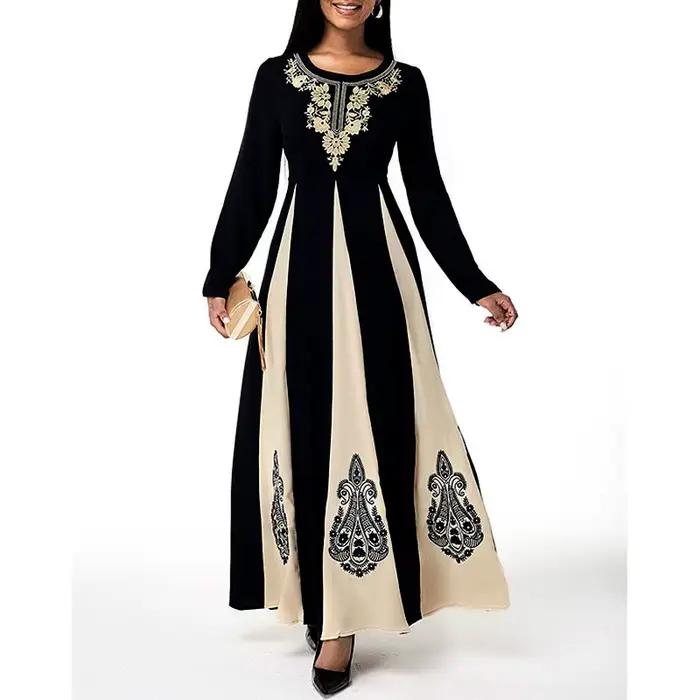 Robe musulmane élégante pour femme, col rond, manches longues, islamique, arabe, Abaya, patchwork, imprimé, Turquie, Eid Mubarak, automne, 2021