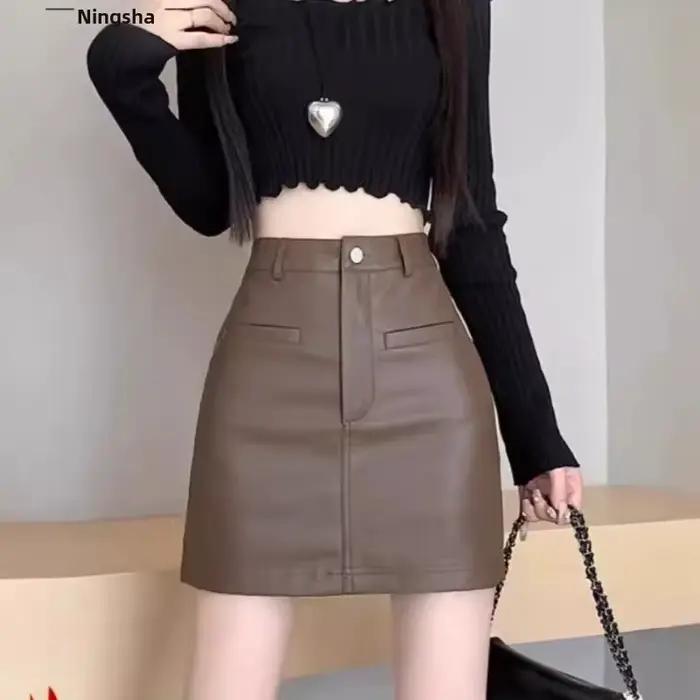 Mini jupe en cuir PU noir taille haute pour femmes