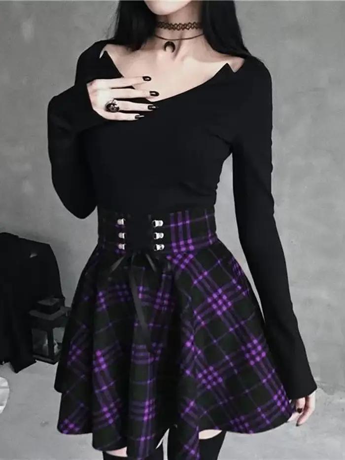 Jupe gothique à carreaux noirs pour femmes, jupes plissées, style gothique, mini jupe, hip hop, punk, clubwear, printemps automne