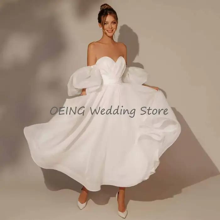 Robe de mariée mi-longue ligne A, manches bouffantes, robe courte, robes de patients simples, dos nu, chérie blanche, longueur rinçage, 2023