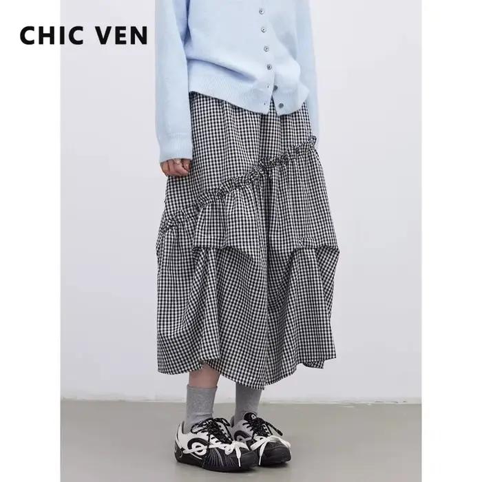Jupe Femme Chic VEN Taille Haute Coupe Trapèze à Volants Motif Carreaux Noir et Blanc Printemps-Été 2026