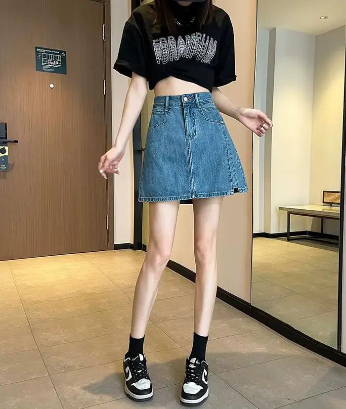 Flykcoozooi jupe en jean bleu pour femmes été nouvelle mode coréenne fille épicée Anti-éblouissement taille haute minceur a-ligne Mini jupes