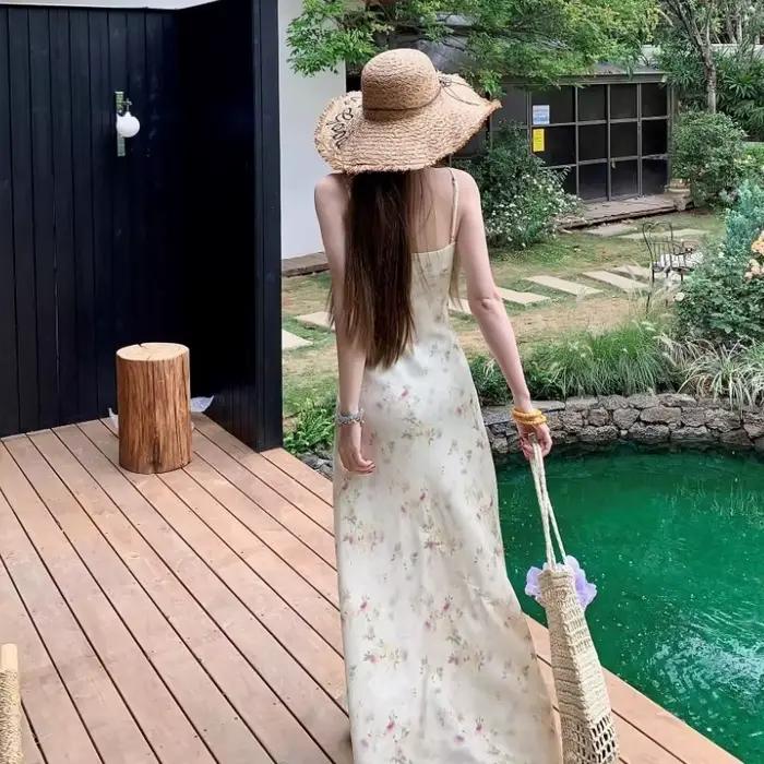 Robe longue d'été pour femme, col en V, nœud, imprimé floral, style coréen, robe élégante et douce