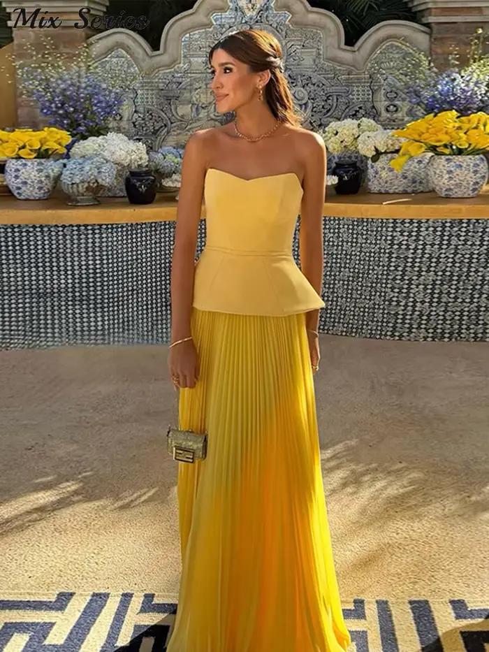 Ensembles de jupes jaunes tendance pour femmes high street avec haut sans manches et jupe plissée pour vacances et soirées spéciales