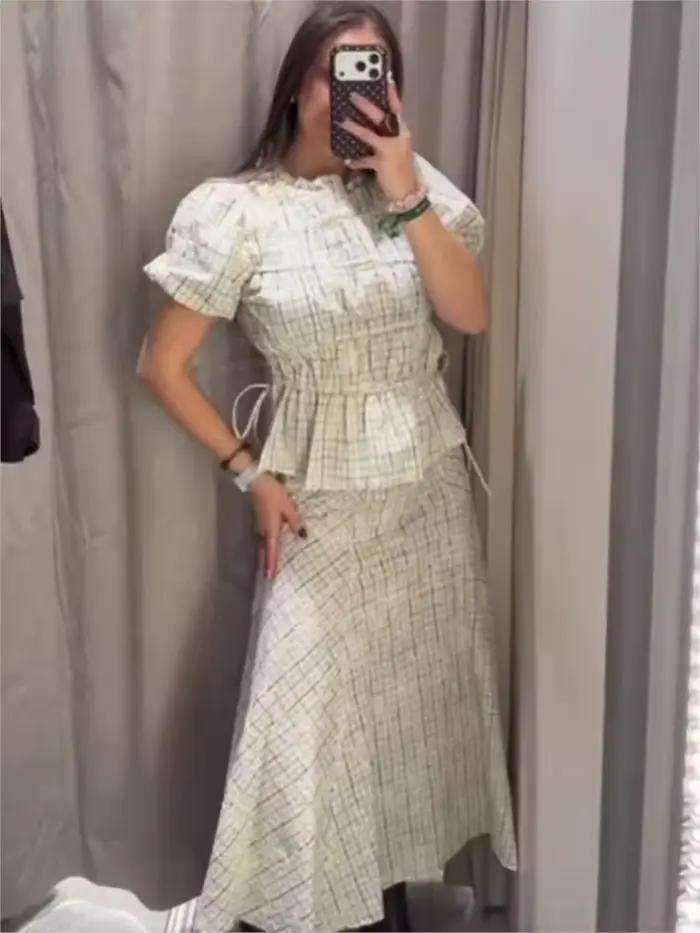 Ensemble jupe taille haute pour femme haut à col volanté et jupe évasée brodée deux pièces printemps été occassions spéciales
