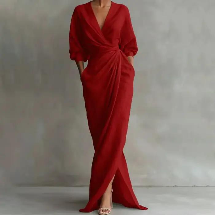 Robe longue moulante élégante pour femme, col en V, taille nouée, manches longues, fendue, couleur unie, style décontracté, collection Printemps 2026