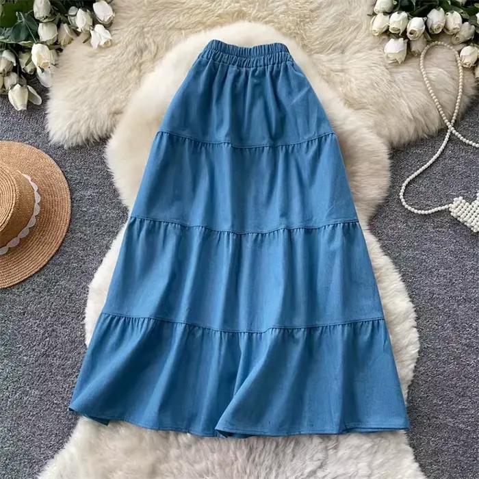 Jupe longue en jean décontractée avec volants superposés pour femme style vintage pour plage et quotidien