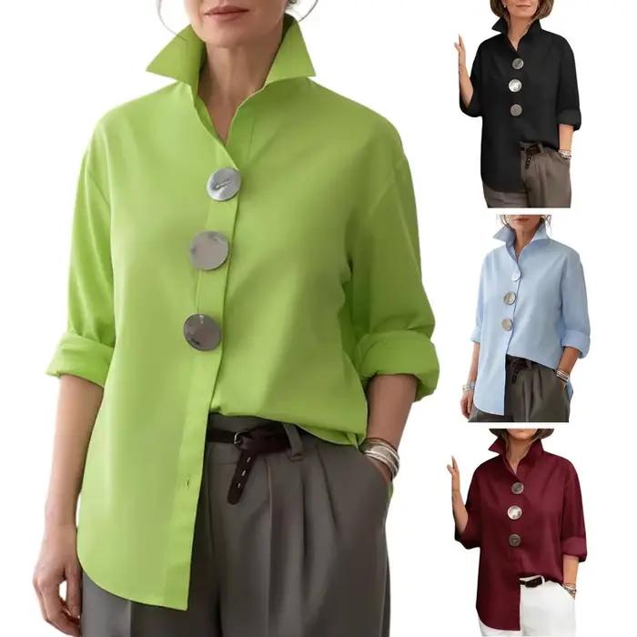 Chemise pour femme à col revers, manches longues, coupe ample, boutons métalliques, couleur unie, pour le travail, les fêtes et les occasions décontractées
