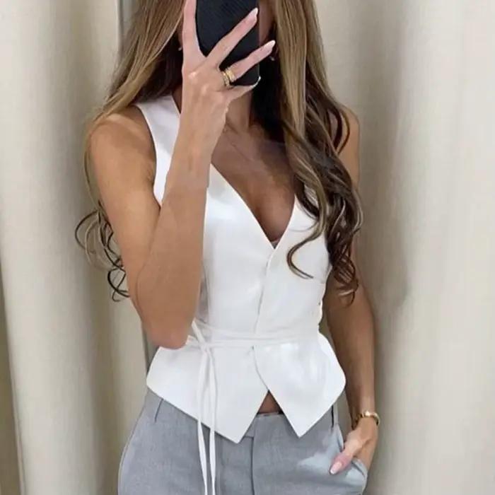 Femmes gilet court Sexy col en V sans manches poches