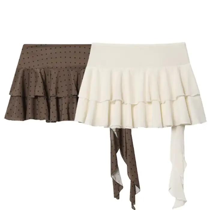 HXAO jupe en mousseline de soie superposée short dames mode Mini taille haute à lacets culottes femme à volants Beige