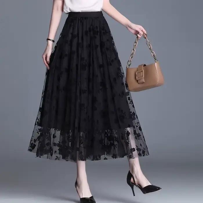 Femmes maille jupe mode crochet fleur ample Midi