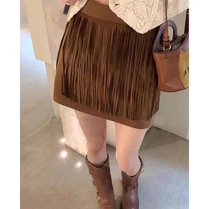 Jupe à franges rétro pour filles, nouvelle jupe Anti-exposition aux hanches, taille haute, Slim, polyvalente, ligne a, automne et hiver