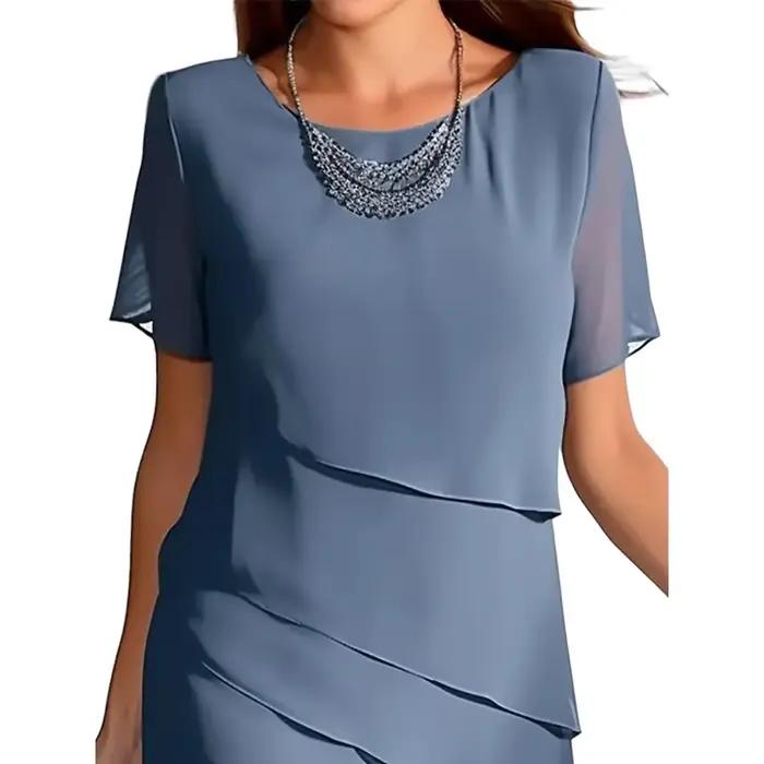 Robe mi-longue en mousseline de soie pour femmes, ligne a, col rond, manches courtes, élégante, robe de soirée, couleur unie, été 2025