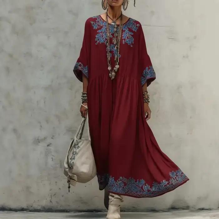 Robe longue ample à imprimé floral ethnique rétro, élégante pour l'été, col rond, taille haute, pour les fêtes, décontractée, à manches mi-longues, style bohème