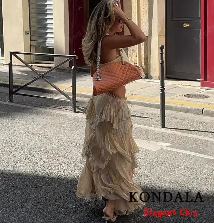 KONDALA femmes élégant Hippie jupe dégradé imprimé à plusieurs niveaux à volants jupes longues 2025 vacances d'été haute rue Boho dame jupes
