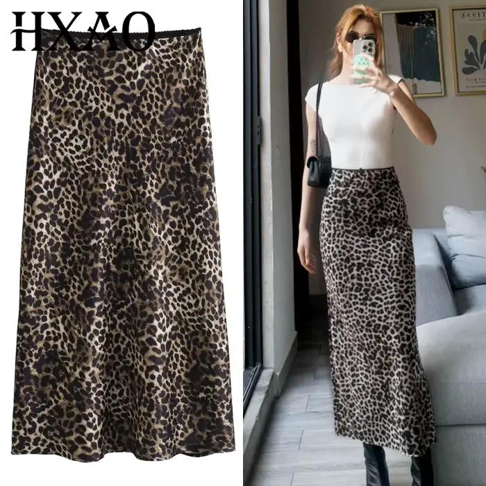 HXAO jupe femme léopard noeud Satin jupe été 2025 Vintage taille haute Wrap jupes longues pour les femmes élégantes jupes de rue