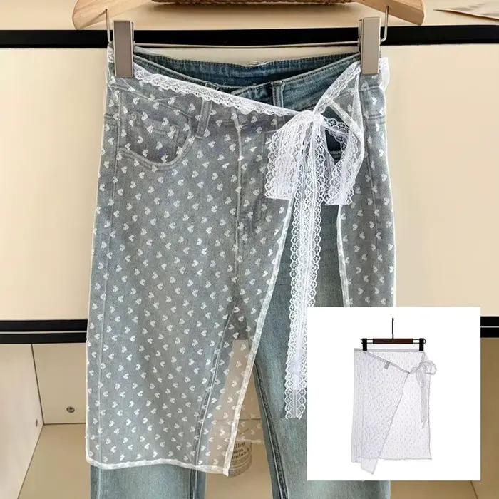 Jupe en dentelle pour femme style Y2K motif floral en maille à nouer superposée avec empiècements latéraux à nouer style skater pour superposer sur un jean