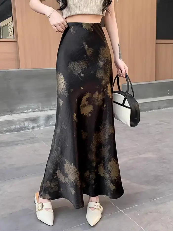 Jupe sirène en satin tie-dye: jupes mi-xi drapées fluides taille haute pour femmes