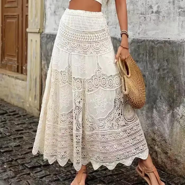 Jupe longue en dentelle crochetée, taille élastique, ajourée et brodée, style bohème, pour la plage, les festivals, tenue d'été bohème pour femme, idéale pour les vacances.