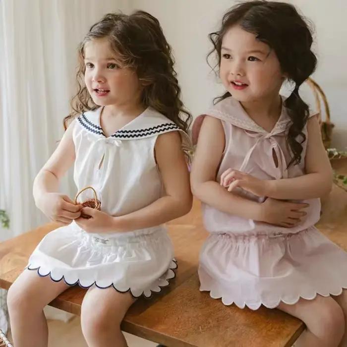 Q2650-T2648 Style coréen nouveauté filles confortable mignon doux dentelle à la mode polyvalent pantalon jupe ensemble pour les enfants