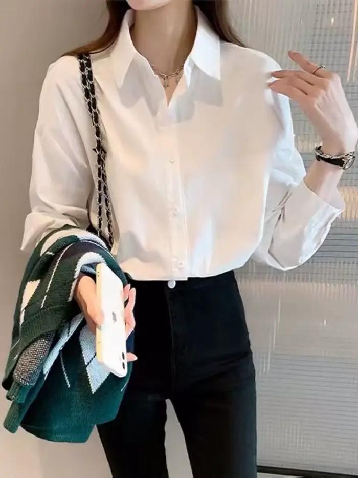 Chemisier blanc à manches longues pour femme, style vintage polyvalent, idéal pour le bureau ou comme sous-vêtement décontracté