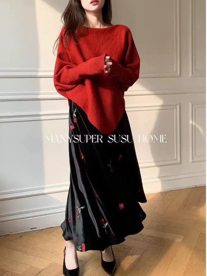 Nicemix automne/hiver nouvelle jupe rétro brodée rouge Rose velours pour les femmes Style français taille haute minceur a-ligne jupes longues