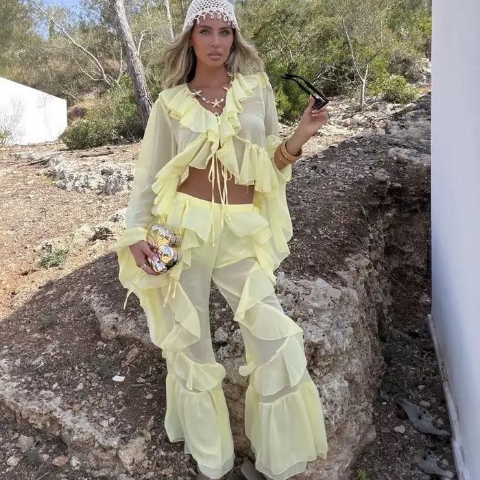 Robes jaunes deux pièces pour femmes, manches longues, robes de soirée, col en V, volants, ensembles de robes d'été pour la plage et les anniversaires