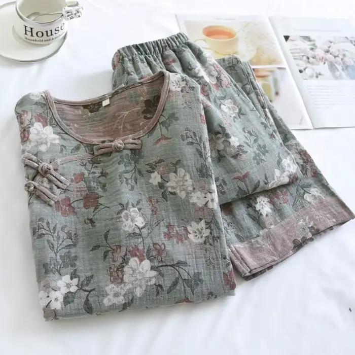 FjHome-Pyjama à manches longues pour hommes et femmes d'âge moyen, pyjama double couche, gaze teint en fil, jacquard fin double face