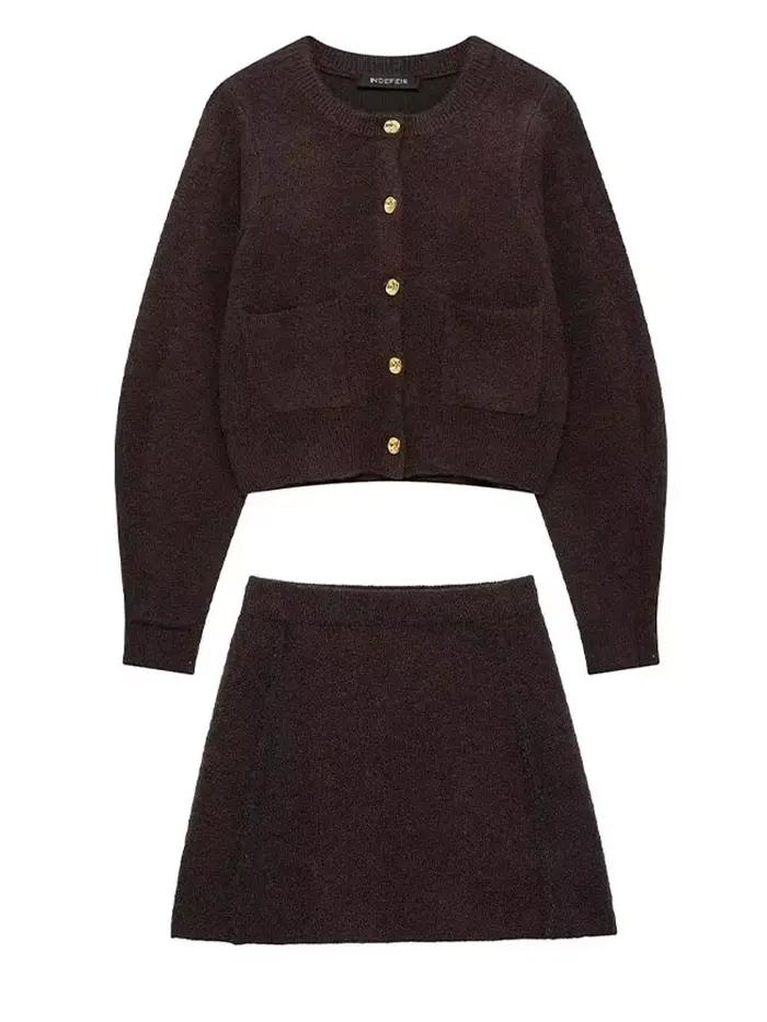 Jupe marron pour femmes style bureau tricotée avec boutonnage simple et taille élastique pour automne hiver occasions variées