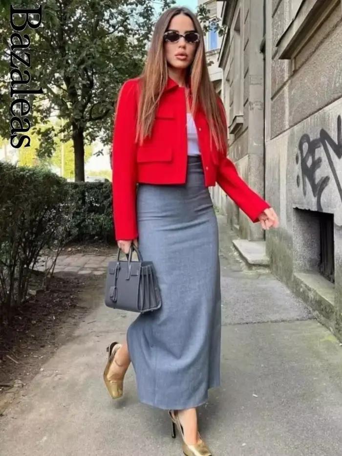 Bazaleas 2024 élégant gris femmes jupe longue officiel taille haute paquet hanche a-ligne jupes