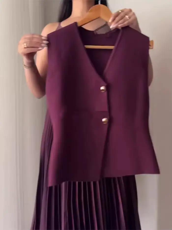 Femmes tricoté jupe ensemble vin rouge col en v sans manches Sllim gilet solide taille haute