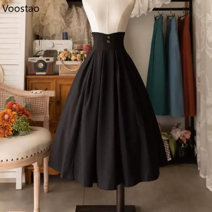 Jupe mi-longue vintage victorienne élégante et douce boutons Y2K silhouette préppy automne-hiver coton polyester drap fin Coupe régulière Mi-mollet