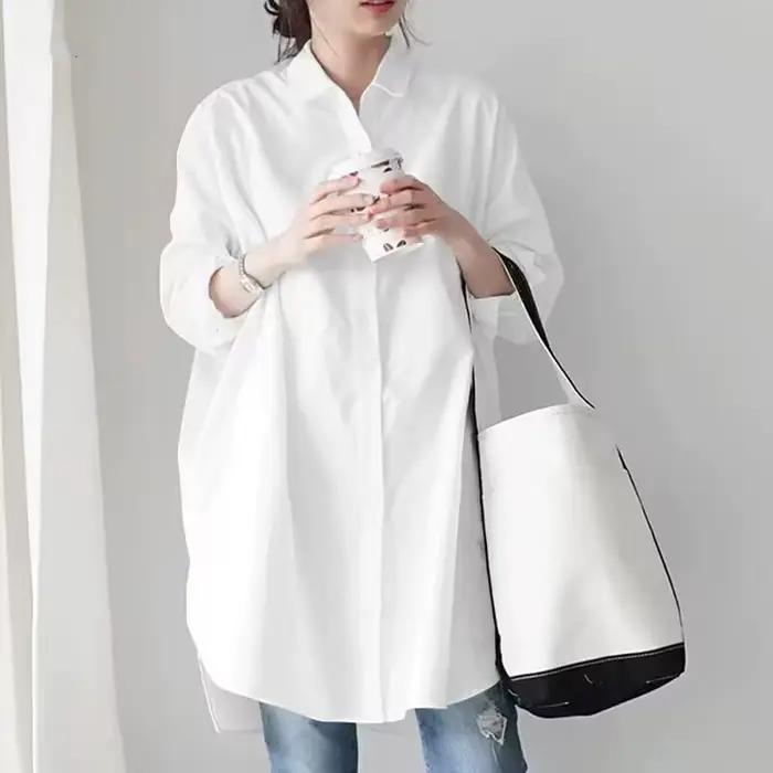 Chemise blanche à manches longues pour femmes, mi-longue, élégante, Design ample, nouvelle collection