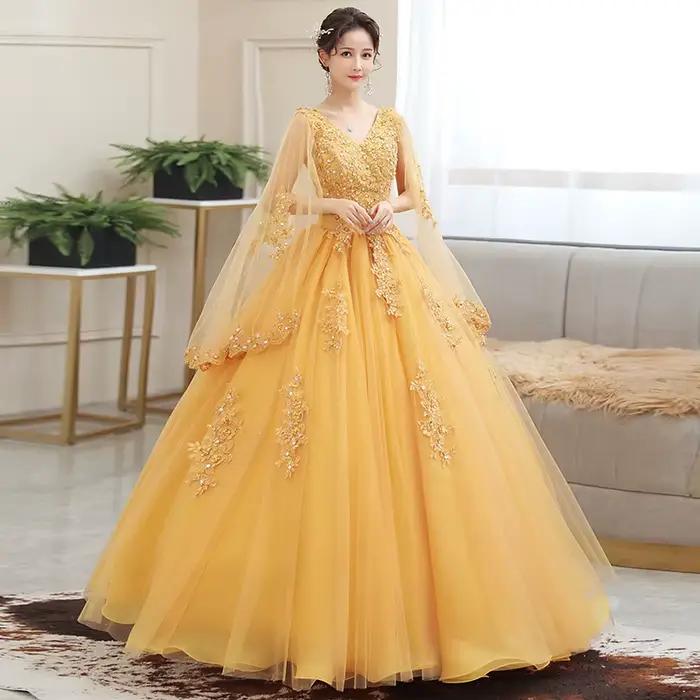 Robe longue dorée pour femme, tenue de Rh, de soirée ou de spectacle