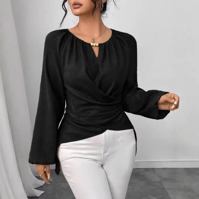 Chemisier élégant pour femme à col rond, détails perlés, manches longues lanternes, taille froncée, coupe ajustée, chemise texturée décontractée pour le quotidien