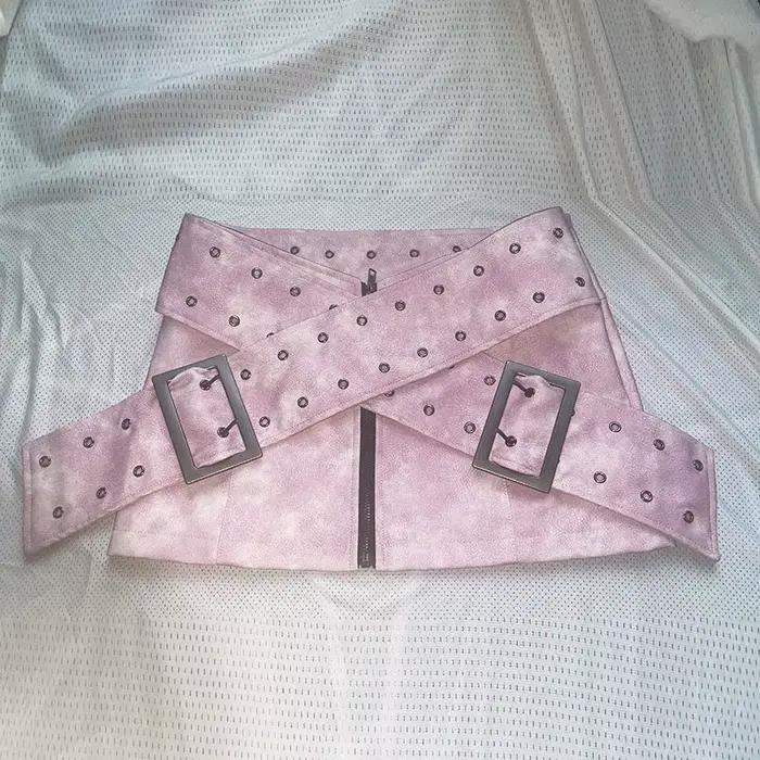 KUCLUT mode usé ceinture croisée en cuir taille basse Mini jupe pour les femmes polyvalent Style de moto enveloppé jupes de hanche 1A568