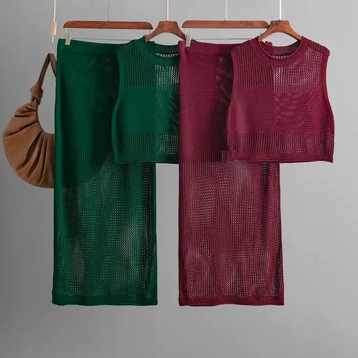 Jupe costume femmes tricot 2 pièces ensembles haut gilet jupes longues évider tricoté Ensemble