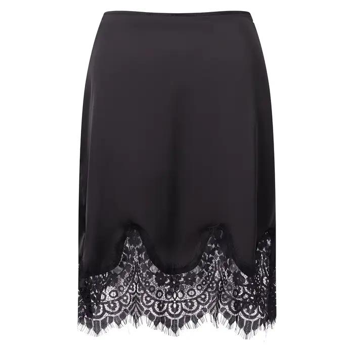 Juakoso femmes Satin demi-glissement jupes dentelle garniture taille élastique jupe Midi élégant soyeux moulante genou longueur sous-jupes