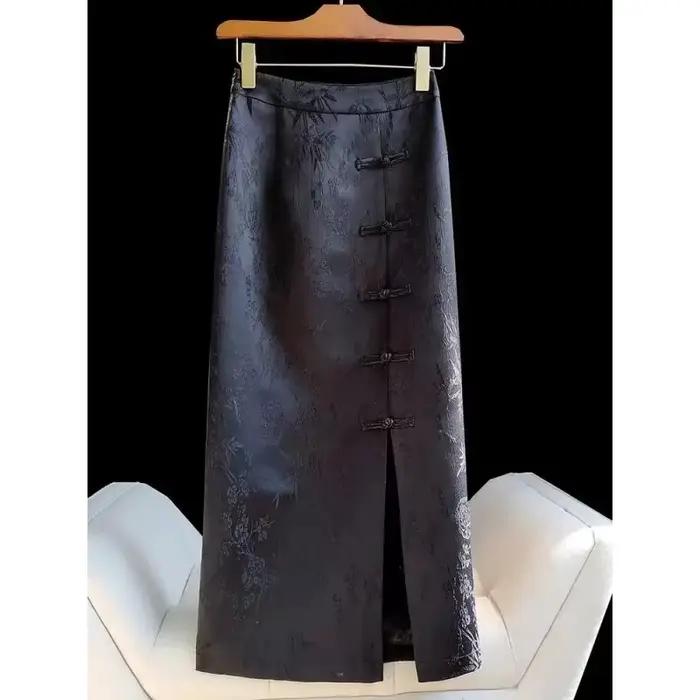 2025 nouvelle jupe Jacquard Vintage pour les femmes printemps saison moulante fente latérale disque boutonné décontracté Chic femme mode jupe femmes