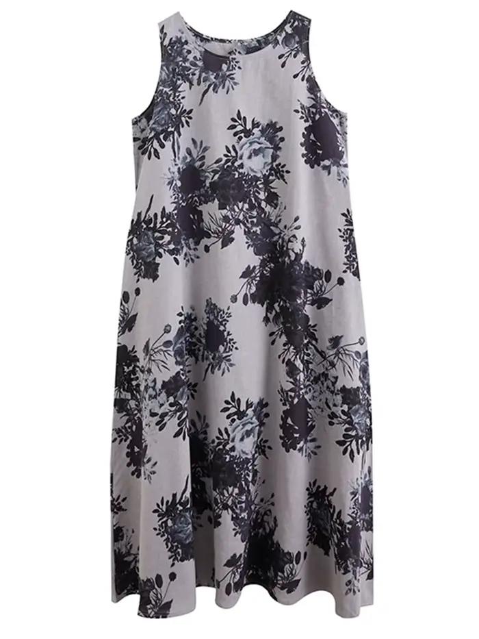 Robe longue décontractée maxi sans manches en coton et lin