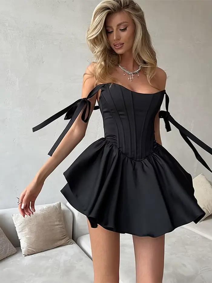 Grand ourlet plissé robes pour femmes élégant mince col rond cravate nœud sans manches Mini robe 2025 été nouvelle dame fête robes de soirée